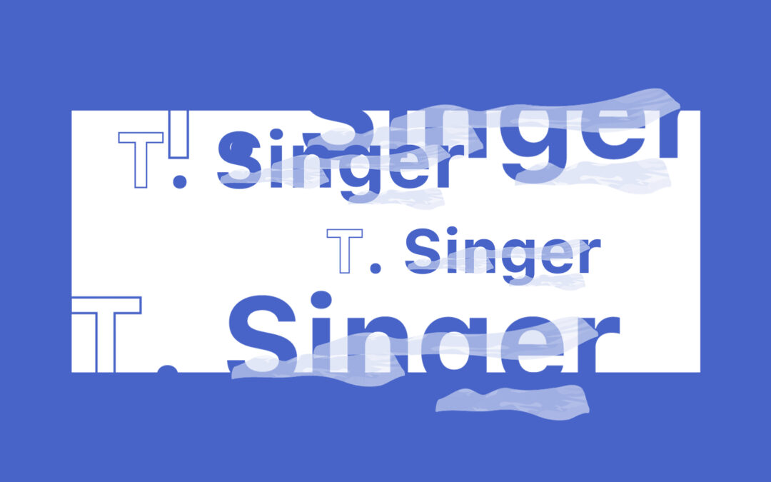 Teksten "T. Singer" i ulike størrelser med blå ramme rundt