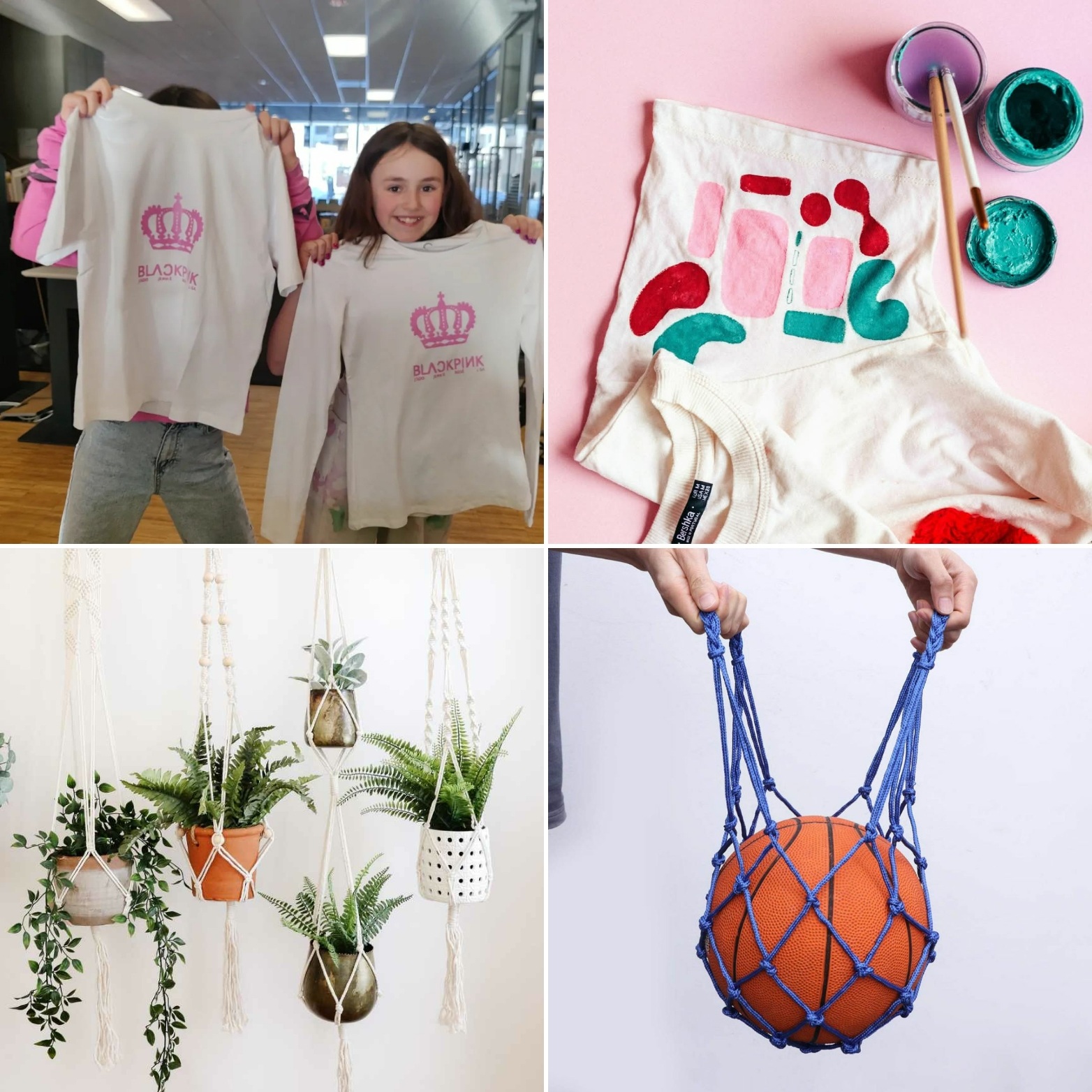 Verkstedaktiviteter: 2 barn med t-skjorter, maling, makramé blomsterholder, ball i nett.