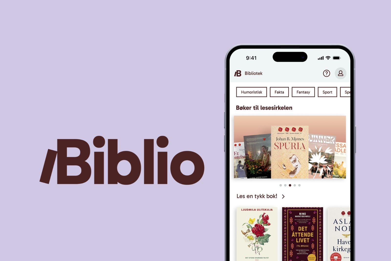 E-bok appen Biblio - mobiltlefon med bøker og logo.
