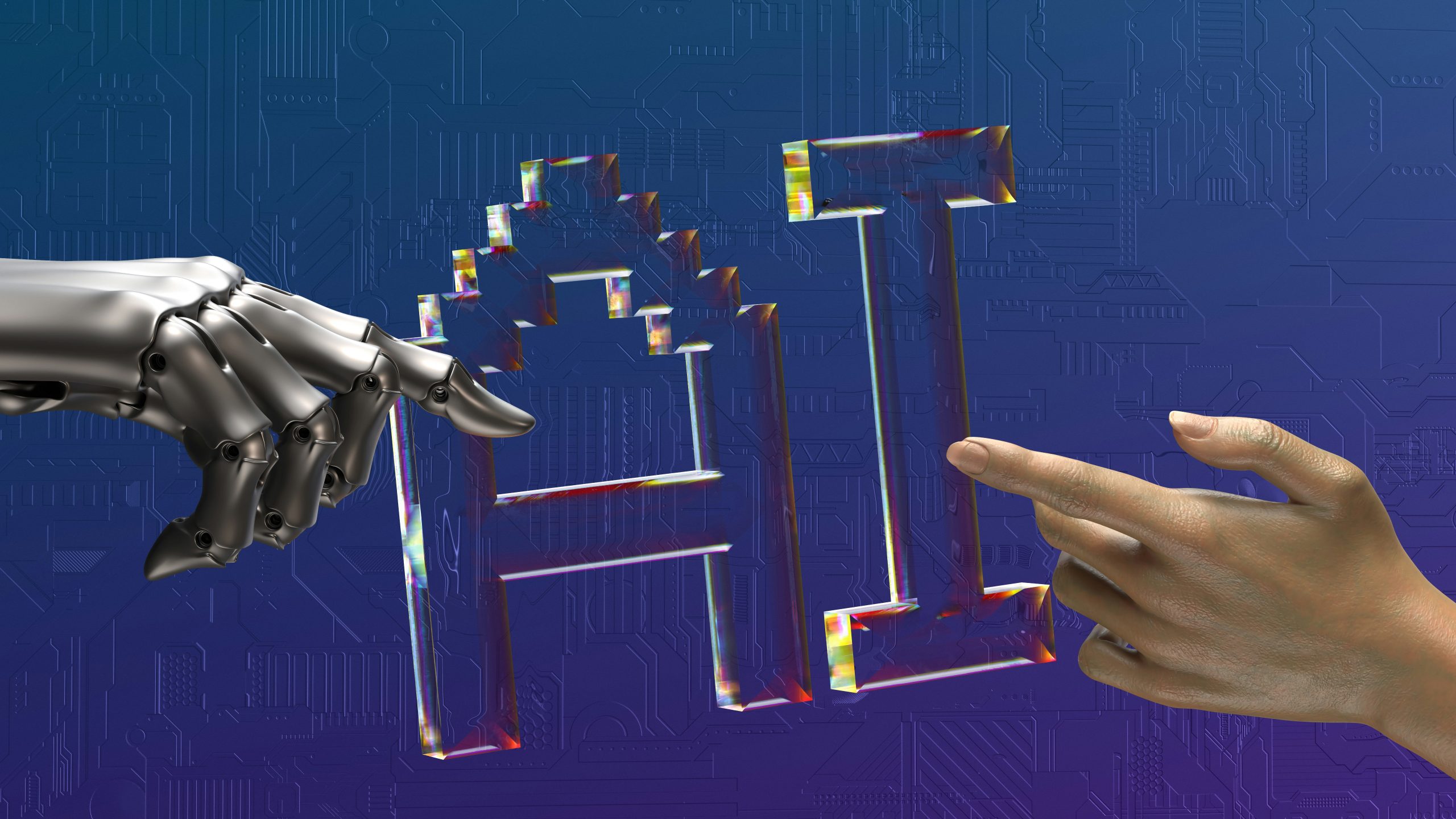 En robothånd og en menneskehånd holder i et skilt hvor det står "AI"